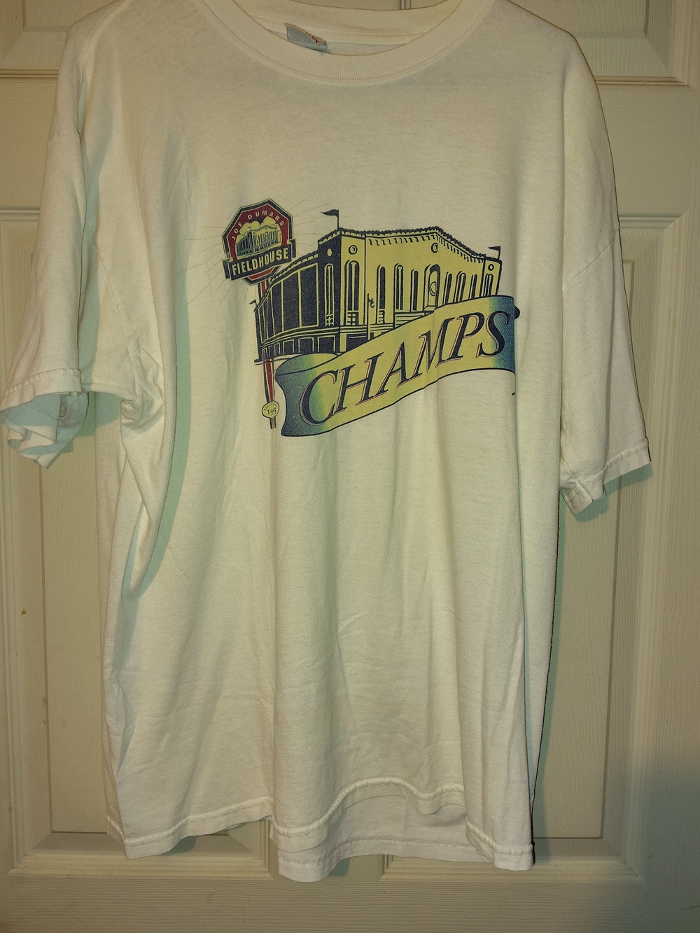 Gildan White Short-Sleeve 'Champs' Graphic Tee with Multicolor Print